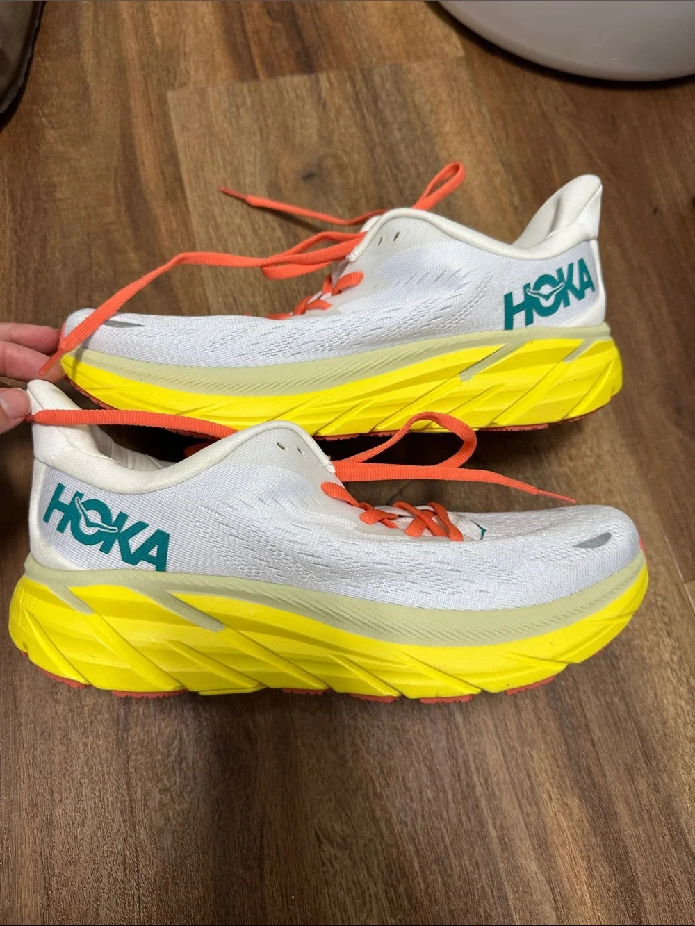 Hoka Women's White Running Shoes with Coral Laces and Yellow Midsole